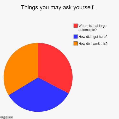 Things you may ask yourself.. | How do I work this?, How did I get here?, Where is that large automobile? | image tagged in funny,pie charts | made w/ Imgflip chart maker