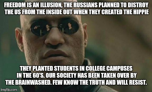 Matrix Morpheus Meme | FREEDOM IS AN ILLUSION, THE RUSSIANS PLANNED TO DISTROY THE US FROM THE INSIDE OUT WHEN THEY CREATED THE HIPPIE THEY PLANTED STUDENTS IN COL | image tagged in memes,matrix morpheus | made w/ Imgflip meme maker