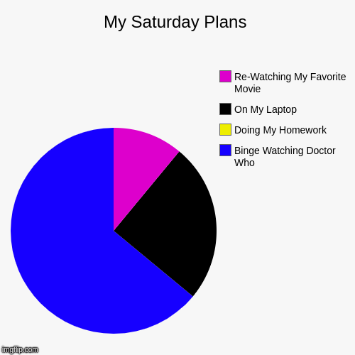 My Saturday Plans | My Saturday Plans | Binge Watching Doctor Who, Doing My Homework, On My Laptop, Re-Watching My Favorite Movie | image tagged in funny,pie charts,doctor who,binge watching | made w/ Imgflip chart maker