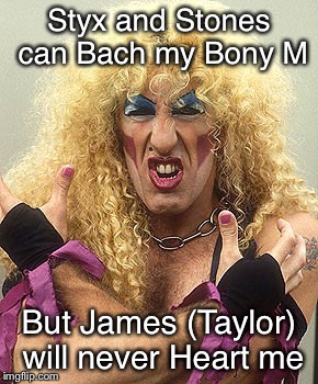 Dee Snider  | Styx and Stones can Bach my Bony M But James (Taylor) will never Heart me | image tagged in dee snider | made w/ Imgflip meme maker