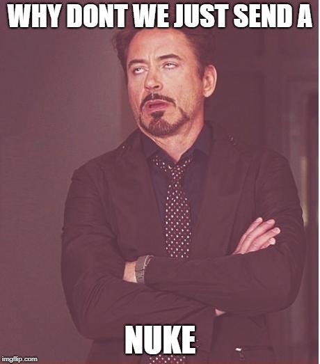 Face You Make Robert Downey Jr | WHY DONT WE JUST SEND A; NUKE | image tagged in memes,face you make robert downey jr | made w/ Imgflip meme maker