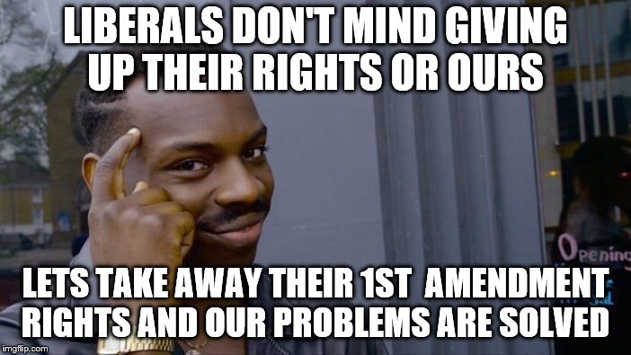 Roll Safe Think About It | LIBERALS DON'T MIND GIVING UP THEIR RIGHTS OR OURS; LETS TAKE AWAY THEIR 1ST  AMENDMENT RIGHTS AND OUR PROBLEMS ARE SOLVED | image tagged in memes,roll safe think about it | made w/ Imgflip meme maker