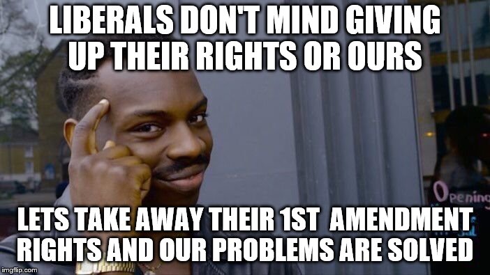 Roll Safe Think About It Meme | LIBERALS DON'T MIND GIVING UP THEIR RIGHTS OR OURS; LETS TAKE AWAY THEIR 1ST  AMENDMENT RIGHTS AND OUR PROBLEMS ARE SOLVED | image tagged in memes,roll safe think about it | made w/ Imgflip meme maker