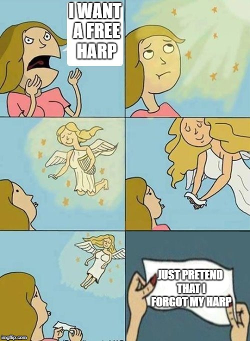 just noticed that the angle didn't bring her harp with | I WANT A FREE HARP; JUST PRETEND THAT I FORGOT MY HARP | image tagged in we don't care | made w/ Imgflip meme maker