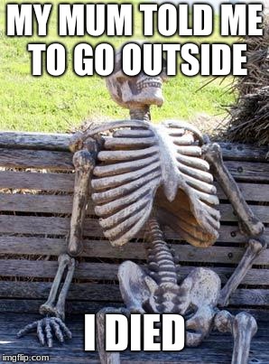 Waiting Skeleton | MY MUM TOLD ME TO GO OUTSIDE; I DIED | image tagged in memes,waiting skeleton | made w/ Imgflip meme maker