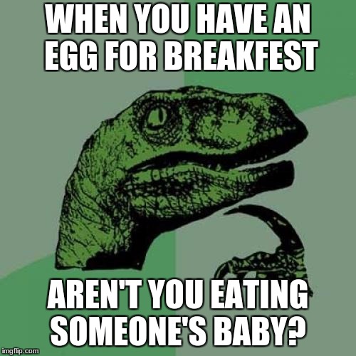 Philosoraptor Meme | WHEN YOU HAVE AN EGG FOR BREAKFEST; AREN'T YOU EATING SOMEONE'S BABY? | image tagged in memes,philosoraptor | made w/ Imgflip meme maker