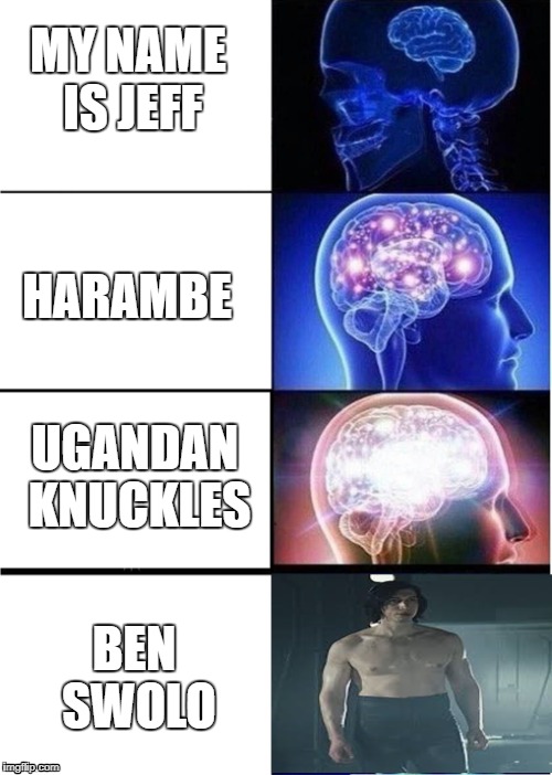 Evolution Of Memes | MY NAME IS JEFF; HARAMBE; UGANDAN KNUCKLES; BEN SWOLO | image tagged in expanding brain | made w/ Imgflip meme maker