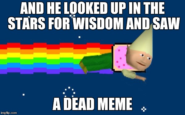 Dank Nyan | AND HE LOOKED UP IN THE STARS FOR WISDOM AND SAW; A DEAD MEME | image tagged in dank nyan | made w/ Imgflip meme maker