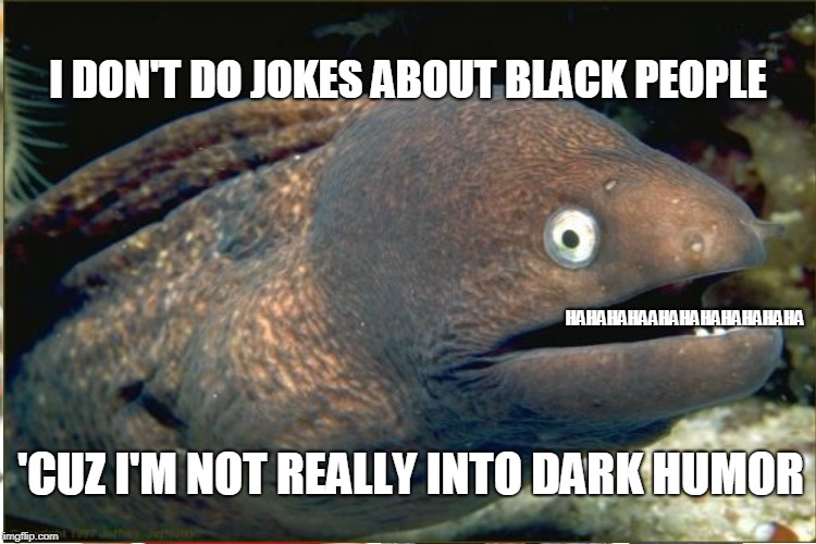 I DON'T DO JOKES ABOUT BLACK PEOPLE; HAHAHAHAAHAHAHAHAHAHAHA; 'CUZ I'M NOT REALLY INTO DARK HUMOR | image tagged in memes,bad joke eel,dark humor | made w/ Imgflip meme maker