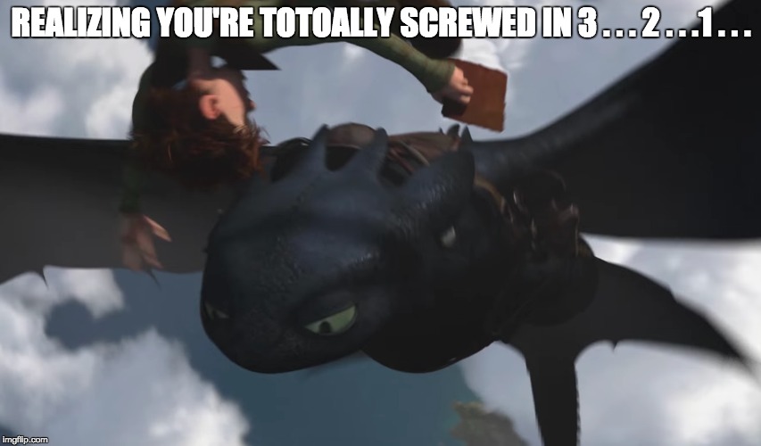 REALIZING YOU'RE TOTOALLY SCREWED IN 3 . . . 2 . . .1 . . . | image tagged in how to train your dragon,toothless,hiccup | made w/ Imgflip meme maker