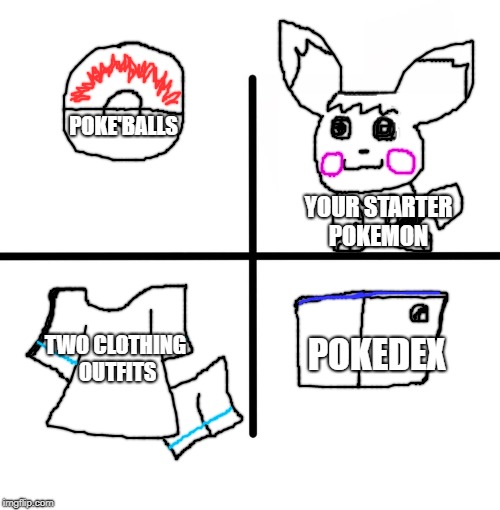Pokemon Journey starter pack  | POKE'BALLS; YOUR STARTER POKEMON; TWO CLOTHING OUTFITS; POKEDEX | image tagged in memes,blank starter pack | made w/ Imgflip meme maker