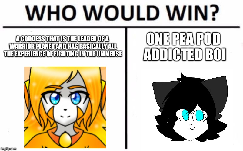 Who Would Win? | A GODDESS THAT IS THE LEADER OF A WARRIOR PLANET AND HAS BASICALLY ALL THE EXPERIENCE OF FIGHTING IN THE UNIVERSE; ONE PEA POD ADDICTED BOI | image tagged in memes,who would win | made w/ Imgflip meme maker