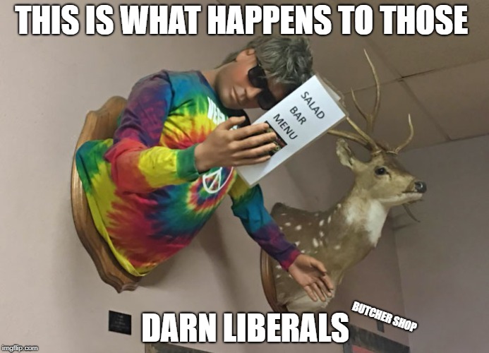 Liberal in a Butcher Shop | THIS IS WHAT HAPPENS TO THOSE; DARN LIBERALS; BUTCHER SHOP | image tagged in memes,college liberal | made w/ Imgflip meme maker