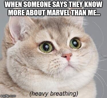 Heavy Breathing Cat | WHEN SOMEONE SAYS THEY KNOW MORE ABOUT MARVEL THAN ME... | image tagged in memes,heavy breathing cat | made w/ Imgflip meme maker