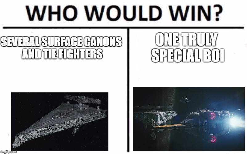 Who Would Win? | ONE TRULY SPECIAL BOI; SEVERAL SURFACE CANONS AND TIE FIGHTERS | image tagged in memes,who would win | made w/ Imgflip meme maker