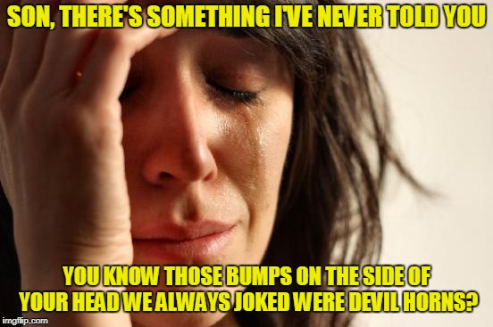 First World Problems Meme | SON, THERE'S SOMETHING I'VE NEVER TOLD YOU YOU KNOW THOSE BUMPS ON THE SIDE OF YOUR HEAD WE ALWAYS JOKED WERE DEVIL HORNS? | image tagged in memes,first world problems | made w/ Imgflip meme maker