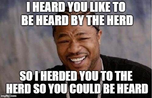 Yo Dawg Heard You Meme | I HEARD YOU LIKE TO BE HEARD BY THE HERD; SO I HERDED YOU TO THE HERD SO YOU COULD BE HEARD | image tagged in memes,yo dawg heard you | made w/ Imgflip meme maker