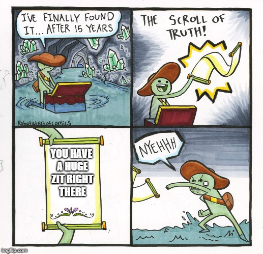 The Scroll Of Truth Meme | YOU HAVE A HUGE ZIT RIGHT THERE; . | image tagged in memes,the scroll of truth | made w/ Imgflip meme maker