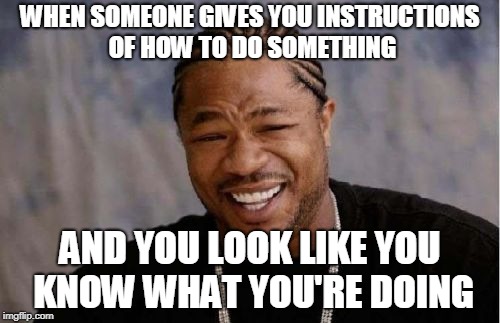 Yo Dawg Heard You Meme | WHEN SOMEONE GIVES YOU INSTRUCTIONS OF HOW TO DO SOMETHING; AND YOU LOOK LIKE YOU KNOW WHAT YOU'RE DOING | image tagged in memes,yo dawg heard you | made w/ Imgflip meme maker