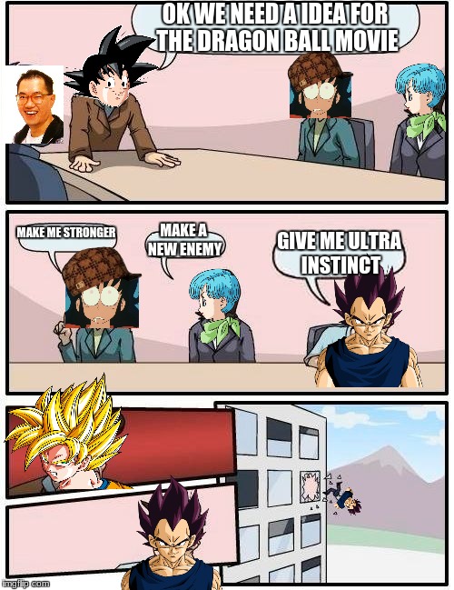 Dragon Ball super movie suggestions | OK WE NEED A IDEA FOR THE DRAGON BALL MOVIE; MAKE ME STRONGER; MAKE A NEW ENEMY; GIVE ME ULTRA INSTINCT | image tagged in memes,boardroom meeting suggestion,scumbag | made w/ Imgflip meme maker
