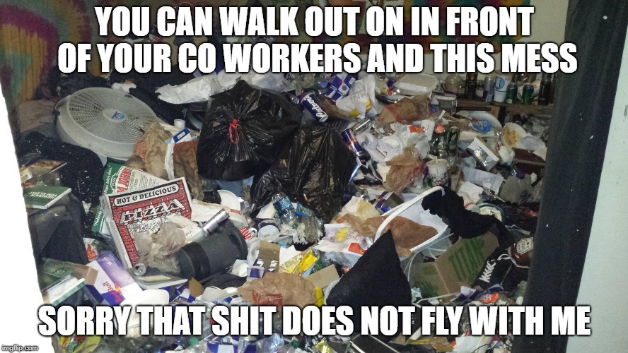 Hoardy Mess Mess 1 | YOU CAN WALK OUT ON IN FRONT OF YOUR CO WORKERS AND THIS MESS; SORRY THAT SHIT DOES NOT FLY WITH ME | image tagged in hoardy mess mess 1 | made w/ Imgflip meme maker