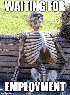 Waiting Skeleton Meme |  WAITING FOR; EMPLOYMENT | image tagged in memes,waiting skeleton | made w/ Imgflip meme maker