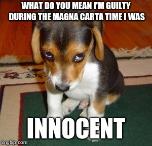 magna carta | WHAT DO YOU MEAN I'M GUILTY DURING THE MAGNA CARTA TIME I WAS; INNOCENT | image tagged in guilty | made w/ Imgflip meme maker
