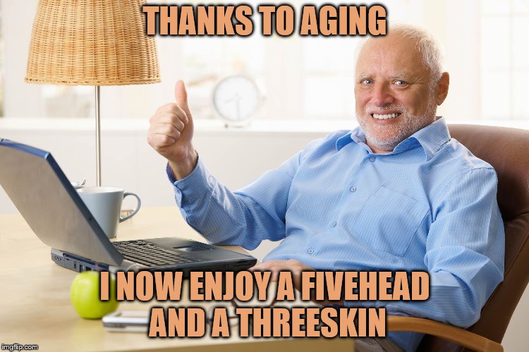 Who says the eyes are the 1st to go.  | THANKS TO AGING; I NOW ENJOY A FIVEHEAD AND A THREESKIN | image tagged in hide the pain harold,memes,funny,forehead,aging | made w/ Imgflip meme maker