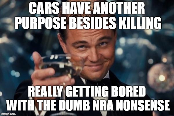 Leonardo Dicaprio Cheers Meme | CARS HAVE ANOTHER PURPOSE BESIDES KILLING REALLY GETTING BORED WITH THE DUMB NRA NONSENSE | image tagged in memes,leonardo dicaprio cheers | made w/ Imgflip meme maker