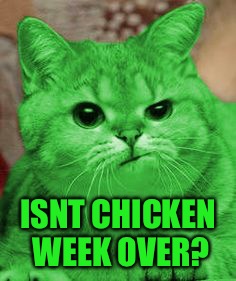 RayCat Annoyed | ISNT CHICKEN WEEK OVER? | image tagged in raycat annoyed | made w/ Imgflip meme maker