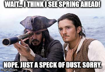 Spring is... Not Ahead | WAIT... I THINK I SEE SPRING AHEAD! NOPE. JUST A SPECK OF DUST. SORRY. | image tagged in pirate telescope,spring,winter,late spring | made w/ Imgflip meme maker
