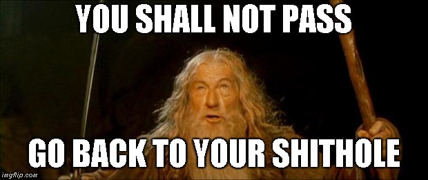 You shall not Pass | YOU SHALL NOT PASS; GO BACK TO YOUR SHITHOLE | image tagged in gandalf you shall not pass,go back to your shithole | made w/ Imgflip meme maker