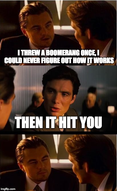 Inception Meme | I THREW A BOOMERANG ONCE, I COULD NEVER FIGURE OUT HOW IT WORKS; THEN IT HIT YOU | image tagged in memes,inception | made w/ Imgflip meme maker