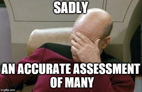 Captain Picard Facepalm Meme | SADLY AN ACCURATE ASSESSMENT OF MANY | image tagged in memes,captain picard facepalm | made w/ Imgflip meme maker