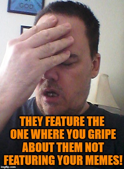 face palm | THEY FEATURE THE ONE WHERE YOU GRIPE ABOUT THEM NOT FEATURING YOUR MEMES! | image tagged in face palm | made w/ Imgflip meme maker