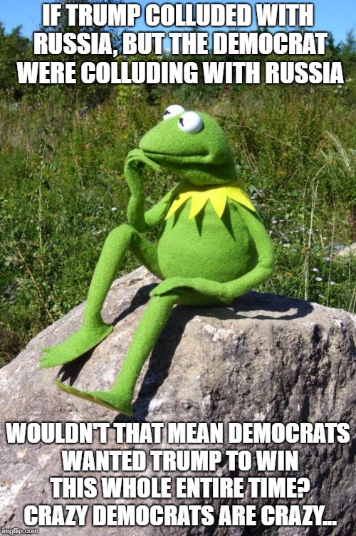 Kermit-thinking | IF TRUMP COLLUDED WITH RUSSIA, BUT THE DEMOCRAT WERE COLLUDING WITH RUSSIA; WOULDN'T THAT MEAN DEMOCRATS WANTED TRUMP TO WIN THIS WHOLE ENTIRE TIME? CRAZY DEMOCRATS ARE CRAZY... | image tagged in kermit-thinking | made w/ Imgflip meme maker