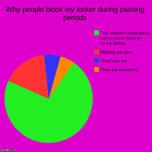 Nobody ever enforces PDA rules at my school | Why people block my locker during passing periods | They are socializing , They hate me, Walking too slow, "You wouldn't understand, you've  | image tagged in funny,pie charts,couples,school,high school,lockers | made w/ Imgflip chart maker