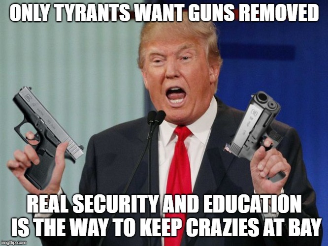 Gun Trump | ONLY TYRANTS WANT GUNS REMOVED; REAL SECURITY AND EDUCATION IS THE WAY TO KEEP CRAZIES AT BAY | image tagged in gun trump | made w/ Imgflip meme maker