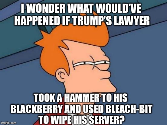 Futurama Fry | I WONDER WHAT WOULD’VE HAPPENED IF TRUMP’S LAWYER; TOOK A HAMMER TO HIS BLACKBERRY AND USED BLEACH-BIT TO WIPE HIS SERVER? | image tagged in memes,futurama fry,trump,robert mueller | made w/ Imgflip meme maker