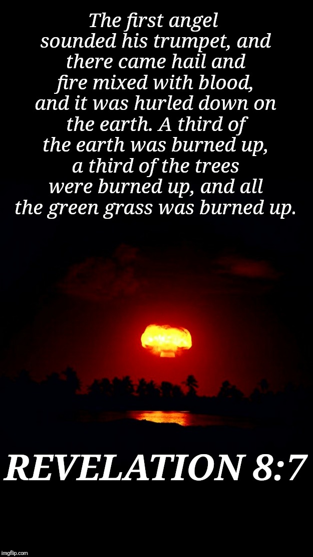 Syria | The first angel sounded his trumpet, and there came hail and fire mixed with blood, and it was hurled down on the earth. A third of the earth was burned up, a third of the trees were burned up, and all the green grass was burned up. REVELATION 8:7 | image tagged in true story,nukes,war,justjeff | made w/ Imgflip meme maker