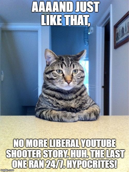 Take A Seat Cat Meme | AAAAND JUST LIKE THAT, NO MORE LIBERAL YOUTUBE SHOOTER STORY. HUH. THE LAST ONE RAN 24/7. HYPOCRITES! | image tagged in memes,take a seat cat | made w/ Imgflip meme maker