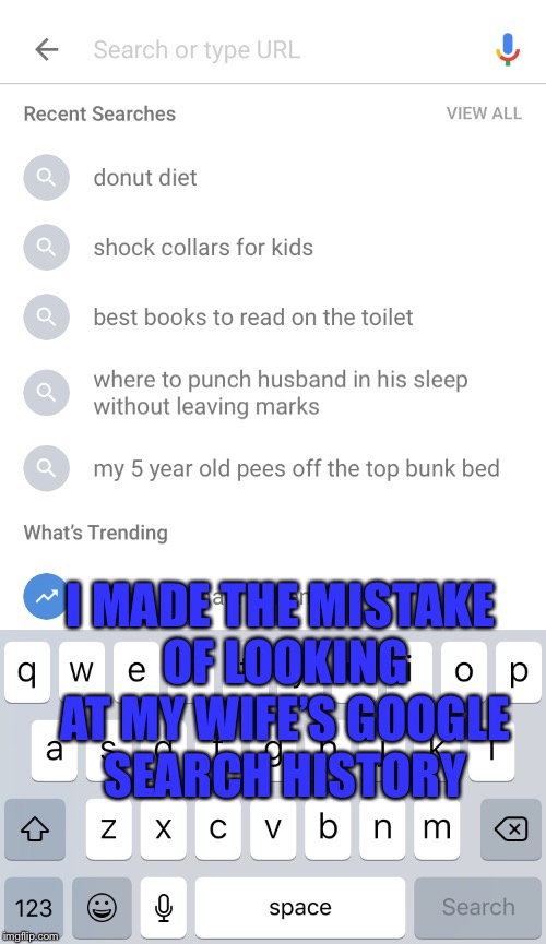 You think you know someone  | I MADE THE MISTAKE OF LOOKING AT MY WIFE’S GOOGLE SEARCH HISTORY | image tagged in wife,google,google search | made w/ Imgflip meme maker