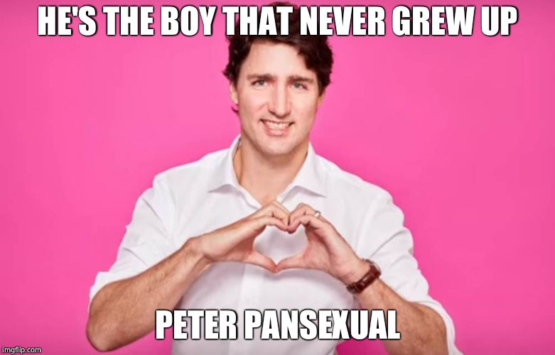 Virtue signalling leader of the world | HE'S THE BOY THAT NEVER GREW UP; PETER PANSEXUAL | image tagged in justin trudeau heart,justin trudeau,canada,libtard,sjw | made w/ Imgflip meme maker