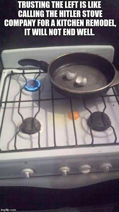 Eggs on stove like government | TRUSTING THE LEFT IS LIKE CALLING THE HITLER STOVE COMPANY FOR A KITCHEN REMODEL, IT WILL NOT END WELL. | image tagged in eggs on stove like government | made w/ Imgflip meme maker