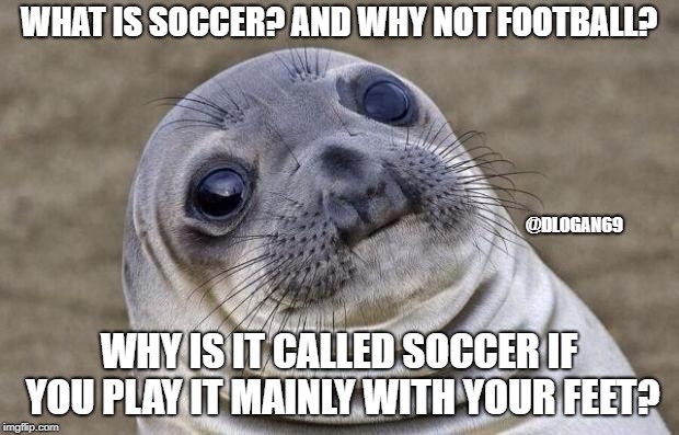 Awkward Moment Sealion Meme | WHAT IS SOCCER? AND WHY NOT FOOTBALL? @DLOGAN69; WHY IS IT CALLED SOCCER IF YOU PLAY IT MAINLY WITH YOUR FEET? | image tagged in memes,awkward moment sealion | made w/ Imgflip meme maker