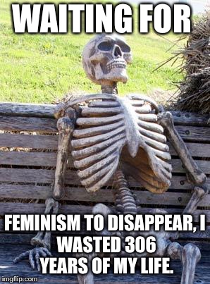 WAITING FOR FEMINISM TO DISAPPEAR,
I WASTED 306 YEARS OF MY LIFE. | image tagged in memes,waiting skeleton | made w/ Imgflip meme maker