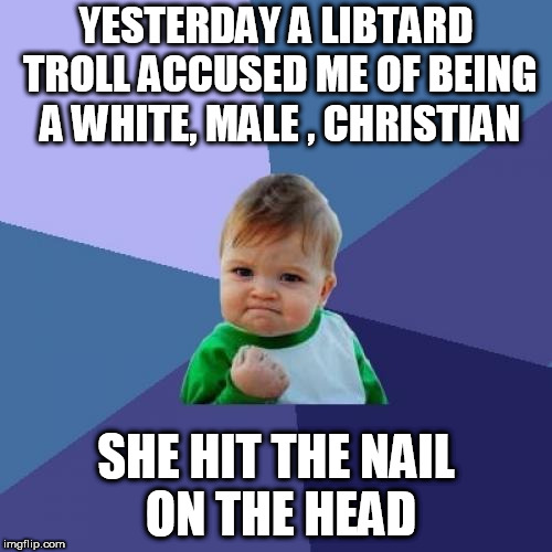 woo, only 16% percent of the pop, still dominate the globe | YESTERDAY A LIBTARD TROLL ACCUSED ME OF BEING A WHITE, MALE , CHRISTIAN; SHE HIT THE NAIL ON THE HEAD | image tagged in memes,success kid | made w/ Imgflip meme maker