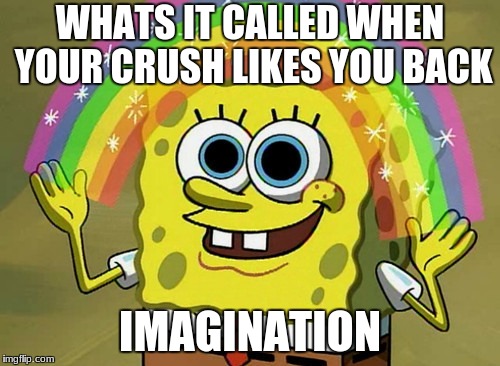 Imagination Spongebob Meme | WHATS IT CALLED WHEN YOUR CRUSH LIKES YOU BACK; IMAGINATION | image tagged in memes,imagination spongebob | made w/ Imgflip meme maker