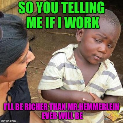 Third World Skeptical Kid Meme | SO YOU TELLING ME IF I WORK; I'LL BE RICHER THAN MR.HEMMERLEIN EVER WILL BE | image tagged in memes,third world skeptical kid | made w/ Imgflip meme maker