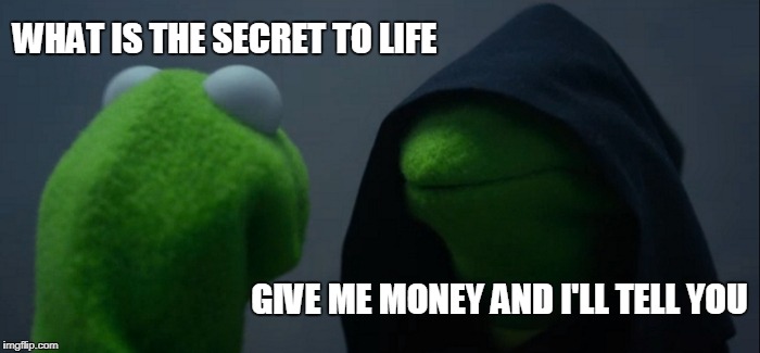 Evil Kermit Meme | WHAT IS THE SECRET TO LIFE; GIVE ME MONEY AND I'LL TELL YOU | image tagged in memes,evil kermit | made w/ Imgflip meme maker